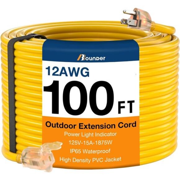Outdoor Extension Cord 100 FT Waterproof, 12/3 SJTW Heavy Duty 15A 1875W